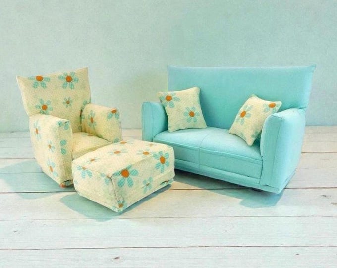 Handmade Dollhouse Living Room Furniture Set • Light Teal Couch with Floral Print Chair • Couch, Chair, Ottoman, 2 Pillows • 1:6 Scale
