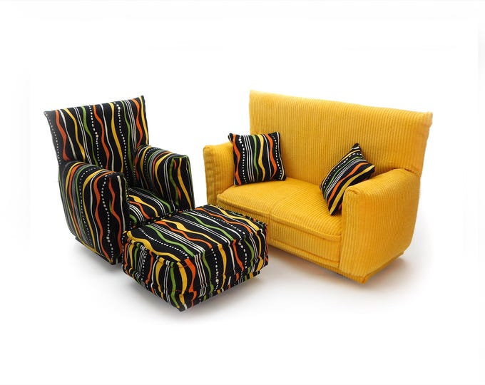 Fashion Doll Living Room Furniture 5-PC Play Set-1:6 scale-Yellow with Black Geo print-works w/ Blythe any 11 inch fashion doll