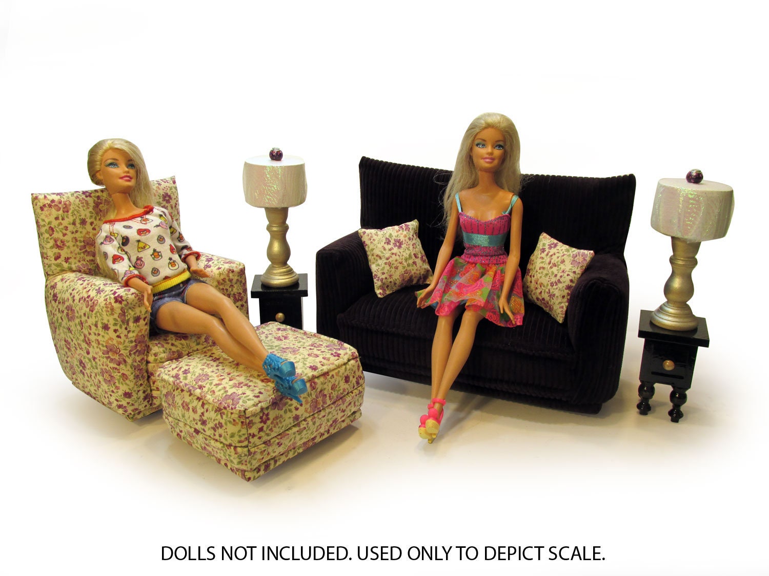 Barbie Doll Living Room Furniture 9-PC Play Set-1:6 scale-Dark Plum Purple with Beige flower