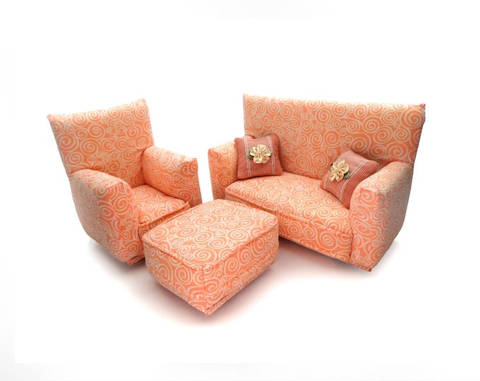 Fashion Doll Living Room Furniture 5-PC Play Set-1:6 scale-Pink Coral with White spiral print-works w/ Blythe any 11 inch fashion doll