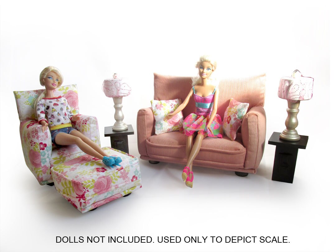 Barbie Doll Living Room Furniture 9-PC Play Set-1:6 scale-Light Pink Flower print - works also