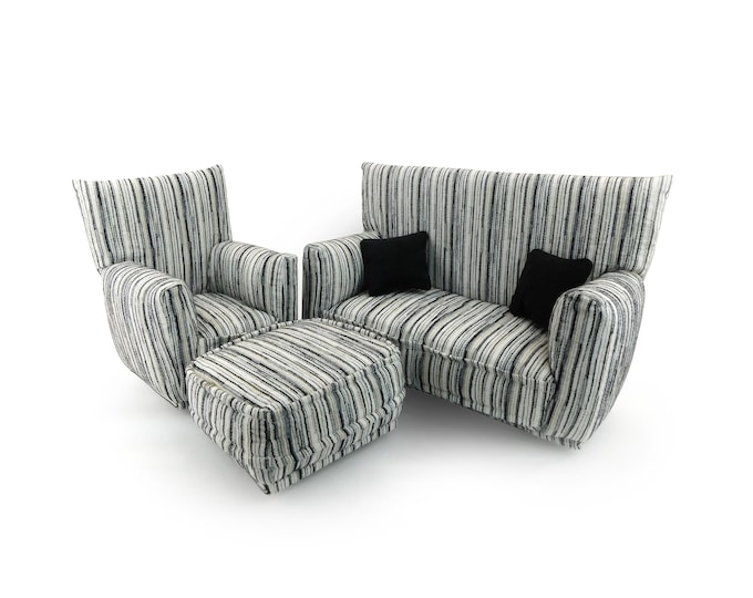 Fashion Doll Living Room Furniture 5-PC Play Set-1:6 scale-Gray Fiber Stripe print-works w/ Blythe any 11 inch fashion doll