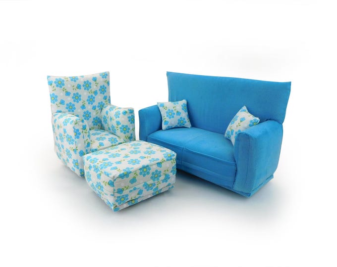 Fashion Doll Living Room Furniture 5-PC Play Set-1:6 scale-Robin's Egg Blue with Blue flower print-works w/Blythe any 11 inch fashion doll