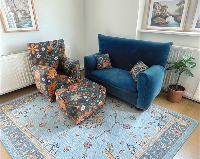 Handmade Dollhouse and Miniature Living Room Furniture Set • Dark Teal w/Modern Paisley print • Couch, Chair, Ottoman, 2 Pillows • 1:6 Scale