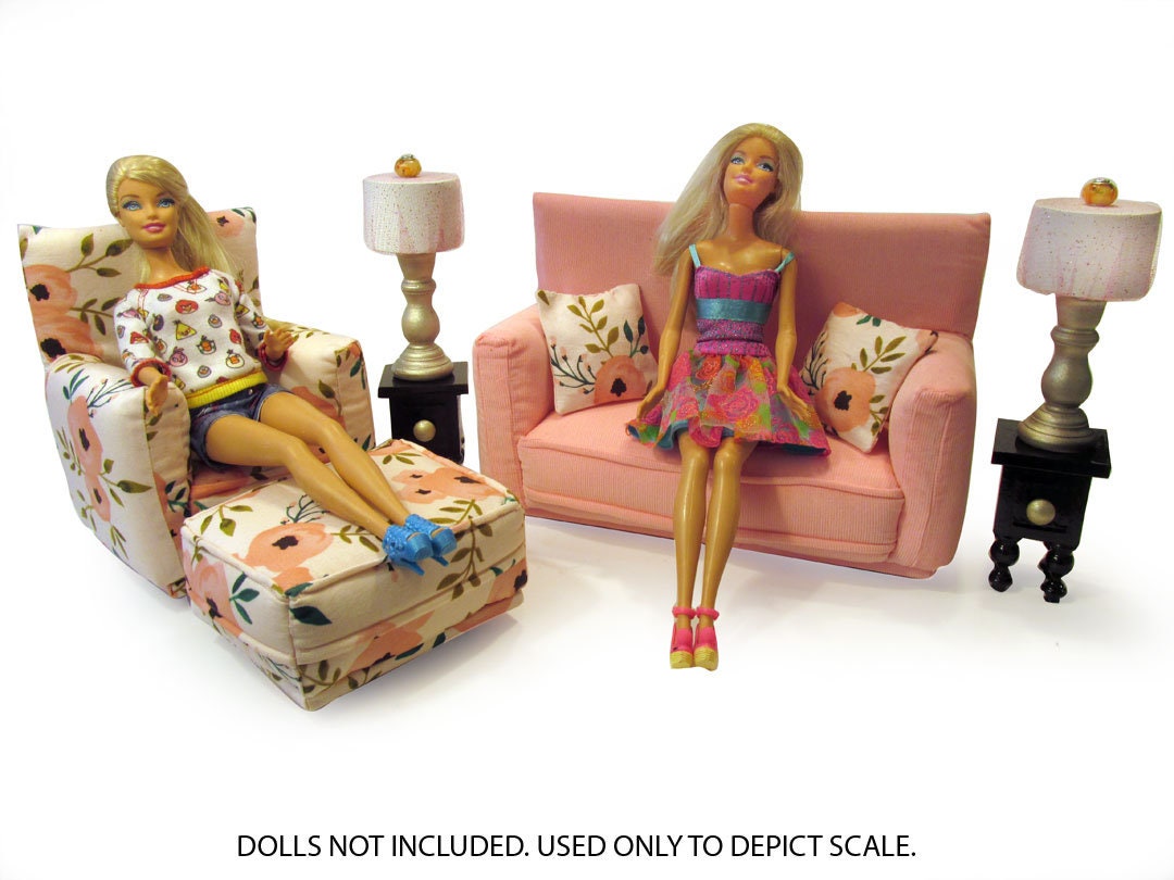 Barbie Doll Living Room Furniture 9-PC Play Set-1:6 scale-Pink with Pink and Green flower print