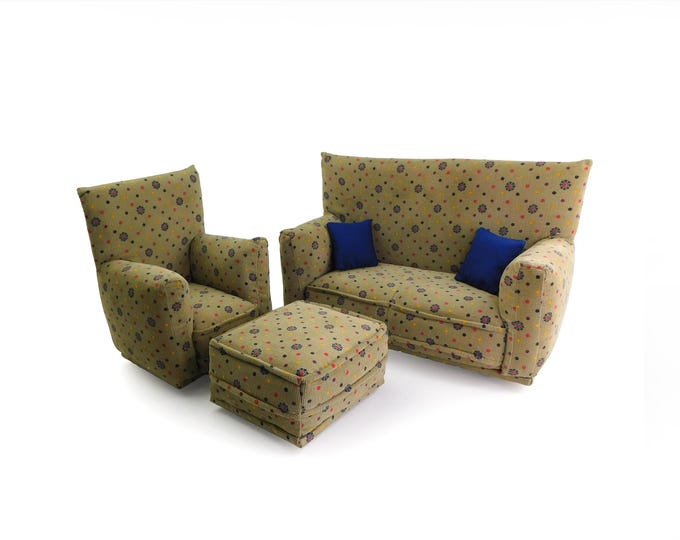 Handmade Dollhouse and Miniature Furniture Set • Brown with Red, Blue, Yellow print • Sofa, Chair, Ottoman, 2 Pillows • 1:6 Scale