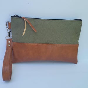 Sage Green Vegan Suede Wristlet Clutch: Handmade Faux Leather Bag
