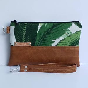 Bolso de mano con diseño de hoja de palma, de piel vegana verde, de piel sintética, para iPhone, ideal para el día a día o como regalo.