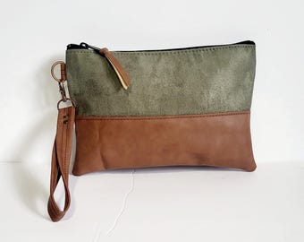 Sage Green Vegan Suede Wristlet Clutch - Iphone Wrist Clutch Bag - Wrist Phone Wallet - Gift for wife - Mothers Day Gift