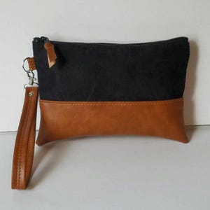 Black Vegan Suede Wristlet Clutch: Faux Leather Bottom, Detachable Strap
