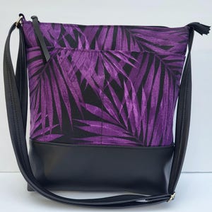 Vegan Canvas Crossbody Bag: Purple Palm Print, Faux Leather
