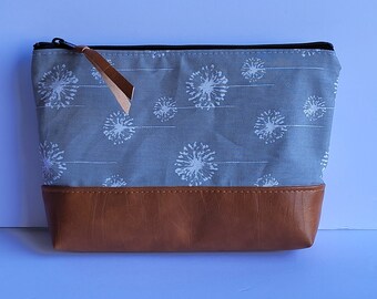 Gray Dandelion Cosmetic Purse/Floral Cosmetic Bag/Canvas Makeup Bag/Travel Cosmetic Bag /Vegan Leather Cosmetic Bag