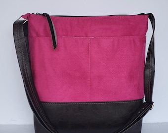Fuchsia Vegan Suede Crossbody Bag/Medium Crossbody Bag/Vegan Leather Cross Body Purse/Women's Cross Body Bag/Black Canvas Everyday Bag