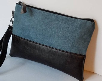 Blue Slate Vegan Wristlet Clutch Bag/Vegan Suede Wristlet Clutch Bag/Faux Suede Clutch Purse/Everyday Wristlet Purse/Bridesmaid Gift