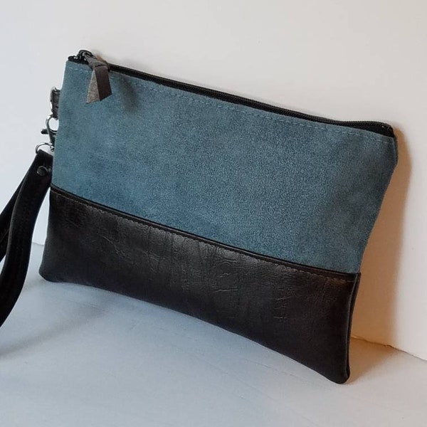 Blue Slate Vegan Wristlet Clutch Bag/Vegan Suede Wristlet Clutch Bag/Faux Suede Clutch Purse/Everyday Wristlet Purse/Bridesmaid Gift