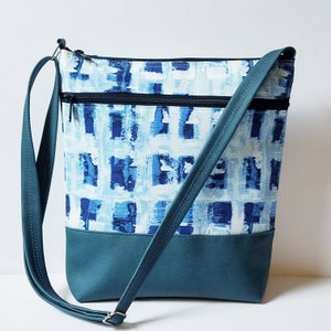 Vegan Canvas Crossbody Bag: Abstract Blue Print, Faux Leather Accents