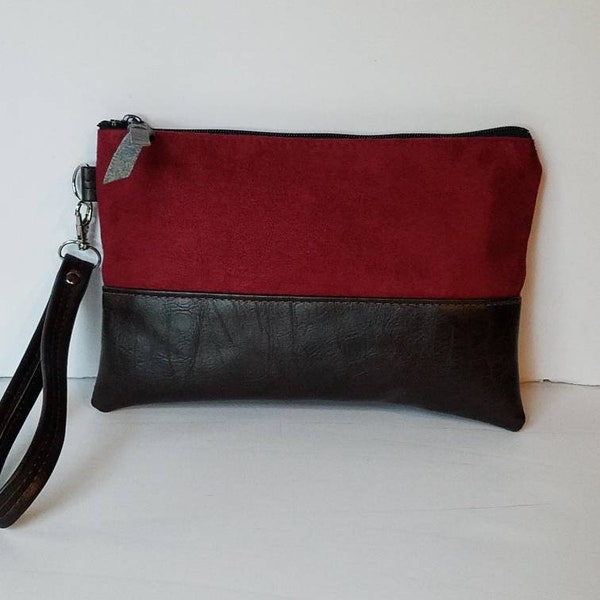 Wine Vegan Wristlet Clutch Bag/Vegan Suede Wristlet Clutch Bag/Faux Suede Clutch Purse/Everyday Wristlet Purse/Bridesmaid Gift/Gift for Her