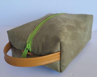 Green Vegan Suede Boxy Makeup Bag/Toiletry Bag/Travel Cosmetic Bag/Vanity Bag /Gift for Her /Mother’s Day/Handmade Travel Cosmetic Pouch