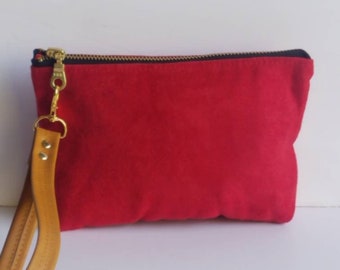 Red Vegan Suede Wristlet Pouch/Suede Clutch Bag/Faux Suede Clutch Bag/Small Makeup Bag/Vegan Suede Pouch/Bridesmaid Clutch Bag