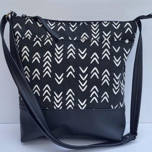 Vegan Canvas Crossbody Bag: Black & White Print, Faux Leather