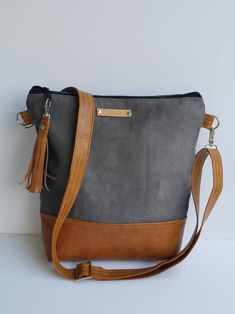 Gray Vegan Leather Crossbody Bag/Gray Vegan Suede Messenger | Etsy