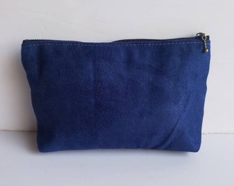 Blue Vegan Suede Pouch Bag/Vegan Suede Small Clutch/Vegan Cosmetic Bag/Faux Suede Clutch Bag/Vegan Makeup Bag/Vegan Coin Bag/Gift for Her