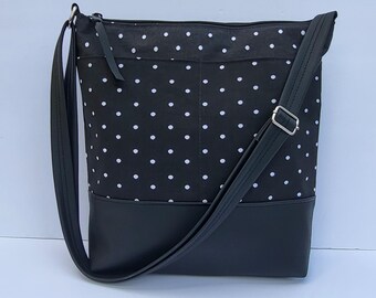 Medium Crossbody Bag/Vegan Leather Cross Body Purse/Women's Cross Body Bag/Black Polka Dot Canvas Everyday Bag/Gift for Wife/Travel Bag