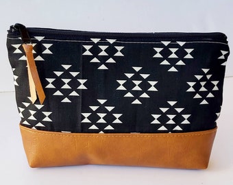Handmade Canvas Cosmetic Bag: Black Aztec Print, Vegan Leather Base