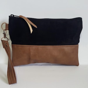 Black Vegan Suede Wristlet Clutch: Faux Leather Bottom