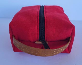 Handmade Red Vegan Suede Cosmetic Bag: Boxy Travel Pouch with Leather Handle