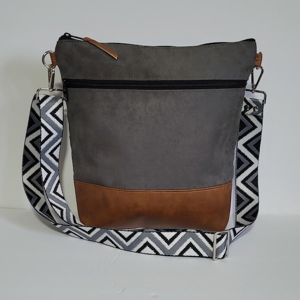 Gray Vegan Suede Crossbody Bag with Adjustable Strap