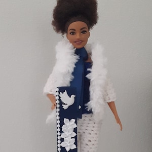 Custom African American doll, Howard University, white and blue