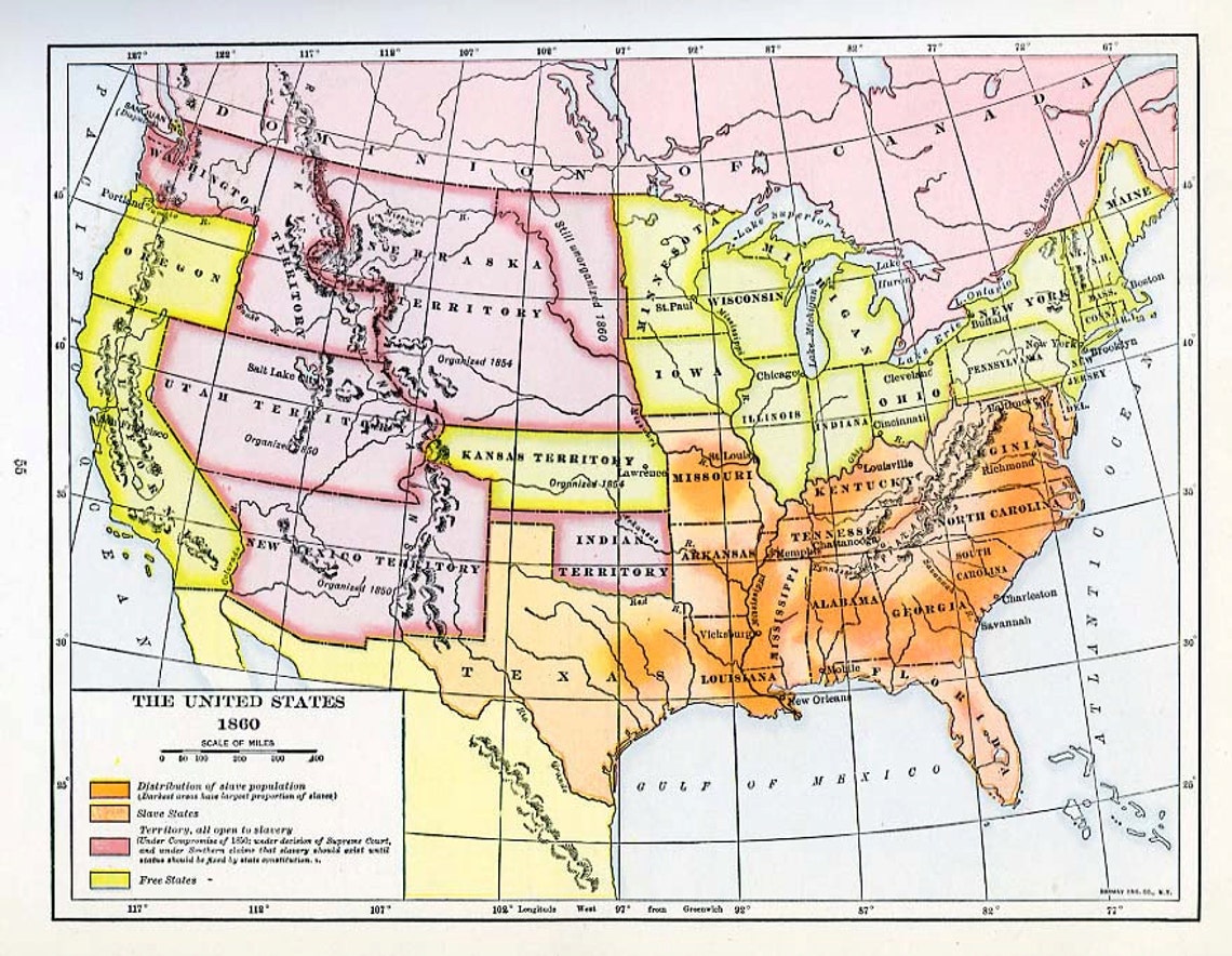 Print Map of the United States 1860  Etsy