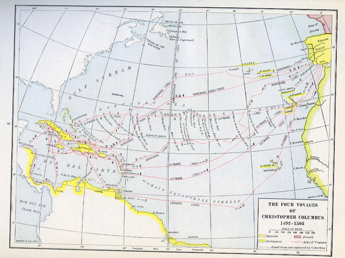 Print Map Four Voyages of Christopher Columbus 1492-1503 | Etsy