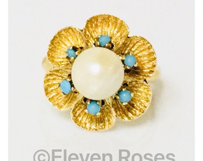 Vintage 750 18k Gold Turquoise & Pearl Large Flower Ring Free US Shipping