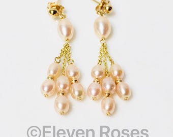 14k Gold Pearl Chain Triple Drop Dangle Earrings