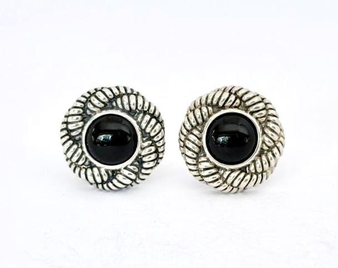 Vintage Woven Sterling Black Onyx Statement Earrings 14k Posts