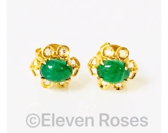 14k Gold Jadeite & Diamond Earrings Free US Shipping