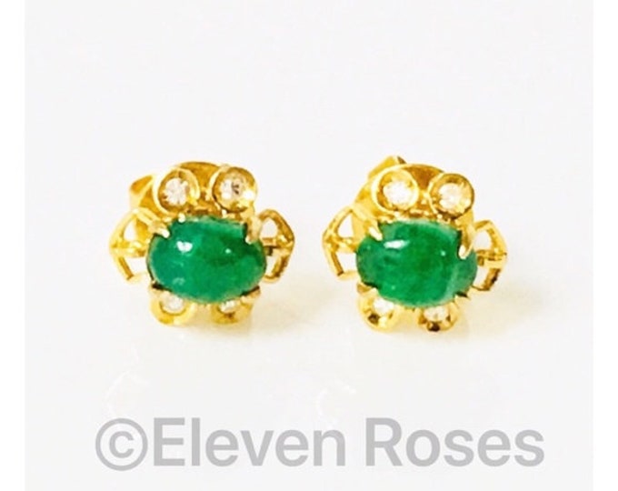 14k Gold Jadeite & Diamond Earrings Free US Shipping