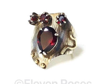 Artisan Studio Extra Large Brutalist Garnet Statement Ring 925 Sterling Silver 585 14k Yellow Gold