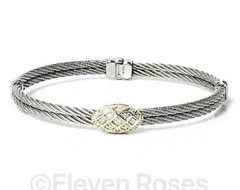Charriol Oval Diamond Station Bangle Bracelet 750 18k Steel Cable