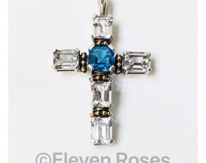 Vintage Lagos Caviar Extra Large London Blue & White Topaz Cross Pendant 925 Sterling Silver 750 18k Gold