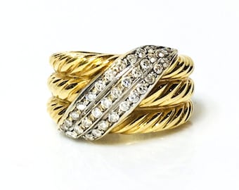 Vintage Preowned Yurman Solid 750 18k Gold Diamond Crossover Ring