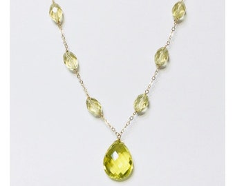 Solid 585 14k Gold Gemstone Briolette Drop Necklace Free US Shipping