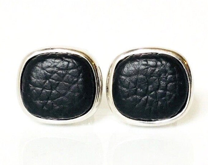 Yurman Sterling Silver Black Leather Cushion Cufflinks Cuff Links