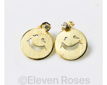 585 14k Gold Emoji Smiley Face Stud Earrings & Jacket Enhancer Earrings Set Free US Shipping