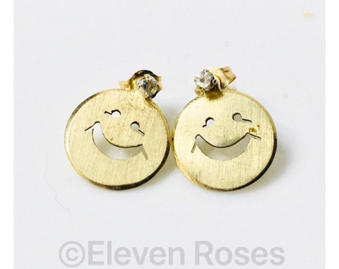 585 14k Gold Emoji Smiley Face Stud Earrings & Jacket Enhancer Earrings Set Free US Shipping