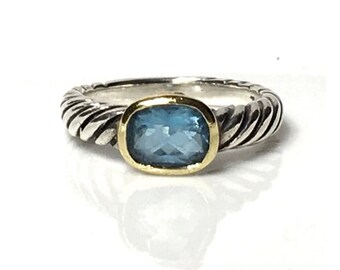 David Yurman Blue Topaz Noblesse Ring DY 925 Sterling Silver 750 18k Gold Free US Shipping