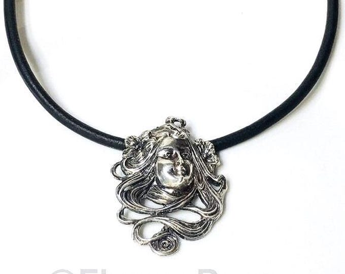 Large Art Nouveau Maiden Pendant 925 Sterling Silver
