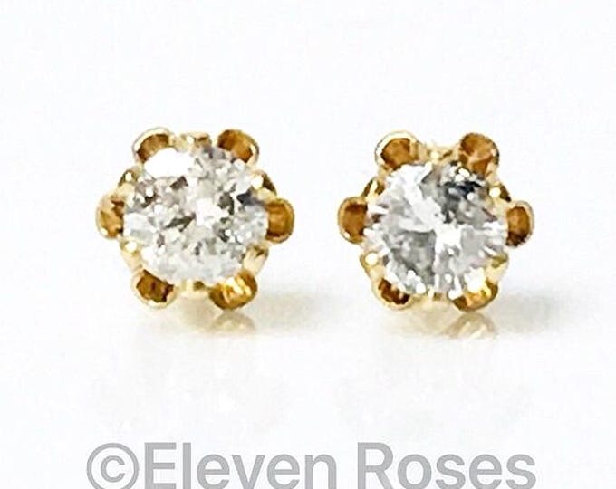 Vintage 14k Gold Natural Diamond Solitaire Stud Earrings